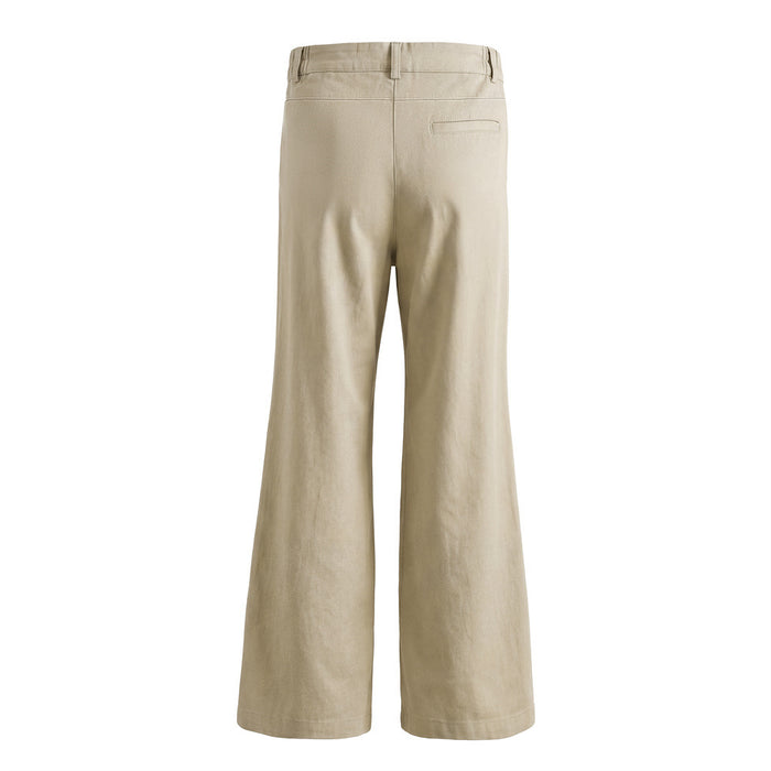 Back view of beige wide-leg trousers showing belt loops, center seam, and a small welt back pocket