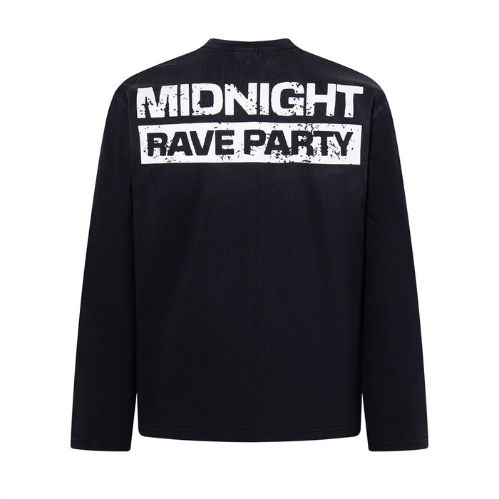 Black long sleeve T-shirt back with distressed white MIDNIGHT RAVE PARTY text