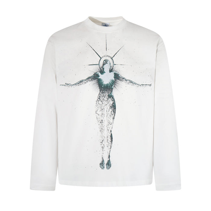 White long sleeve T-shirt front with a distressed teal and black figure graphic