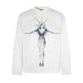 White long sleeve T-shirt front with a distressed teal and black figure graphic