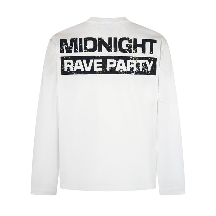 White long sleeve T-shirt back with distressed black MIDNIGHT RAVE PARTY text