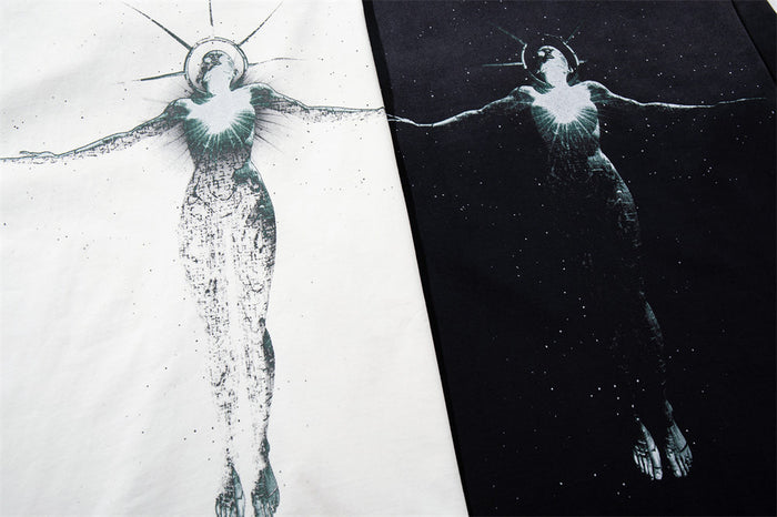 White and black T-shirt fronts shown together with matching outstretched figure graphics