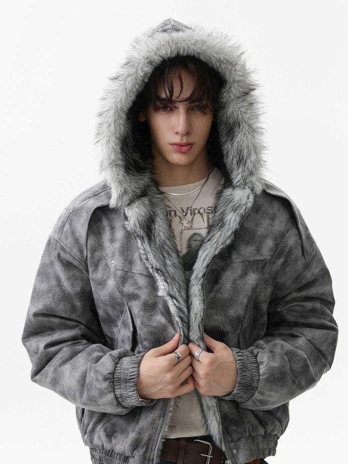 Men's oversized grey distressed faux-fur hooded bomber jacket with zip front and ribbed cuffs, front and back view