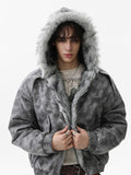 Men's oversized grey distressed faux-fur hooded bomber jacket with zip front and ribbed cuffs, front and back view