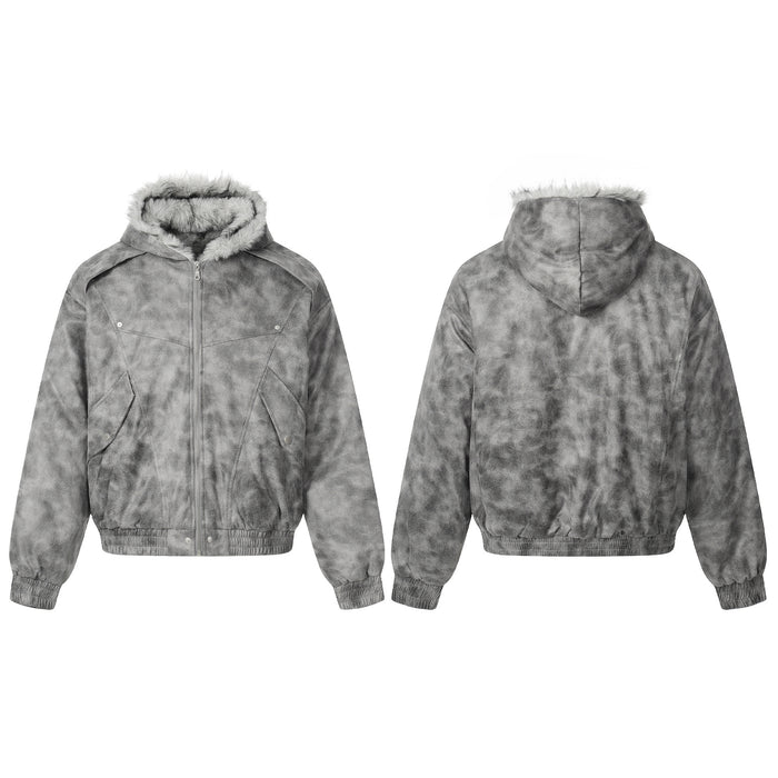 Grey faux-fur hooded bomber jacket shown in front and back views with ribbed cuffs and hem