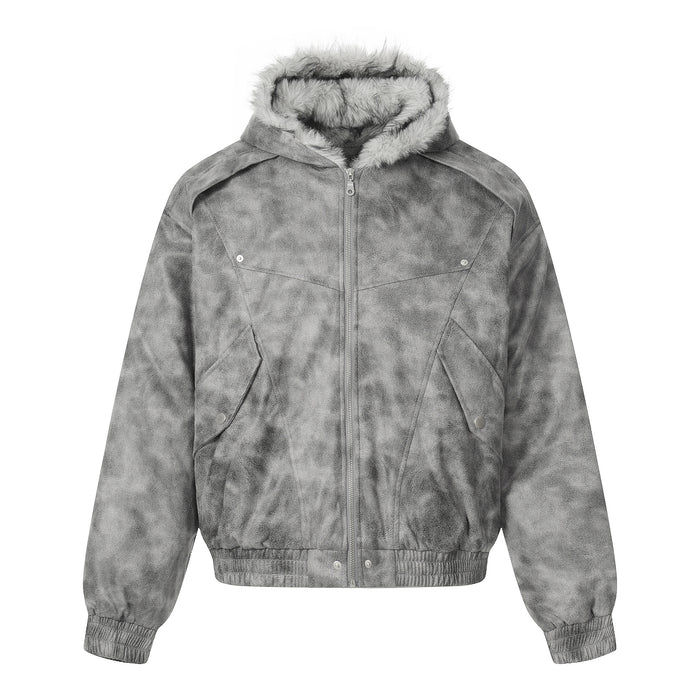 Front view of a grey faux-fur hooded bomber jacket with zip closure, flap pockets, and ribbed hem