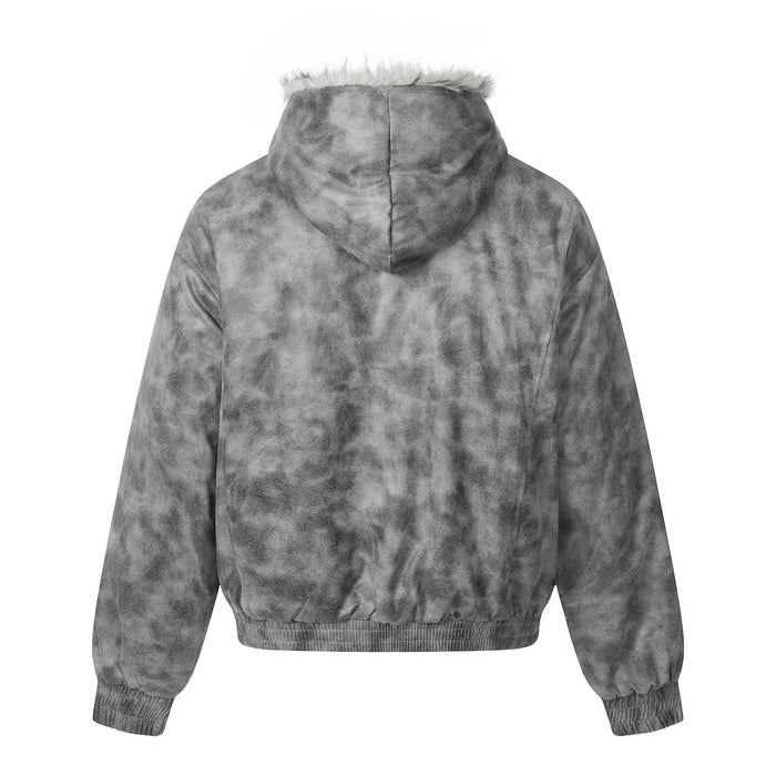 Back view of a grey faux-fur hooded bomber jacket with a plush hood and mottled grey texture