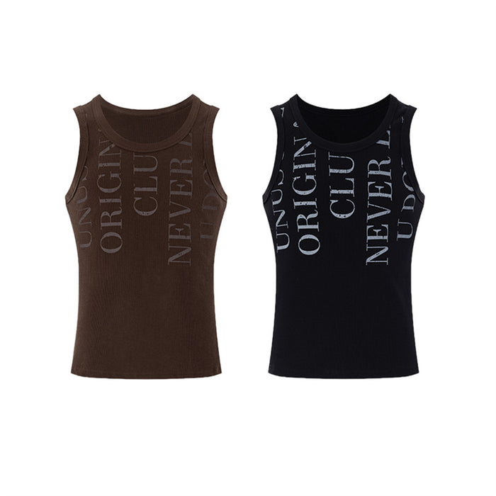Brown and black sleeveless muscle tank tops with contrasting vertical letter prints and crew necks