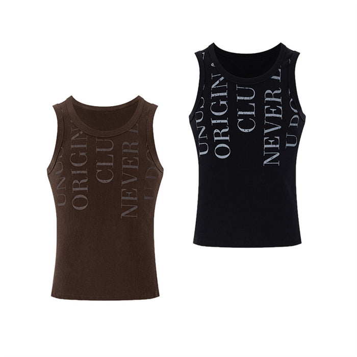 Front view of brown and black slim-fit sleeveless tank tops with large vertical graphic lettering