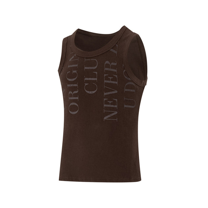 Brown slim-fit muscle tank top shown from an angled front view with vertical letter print