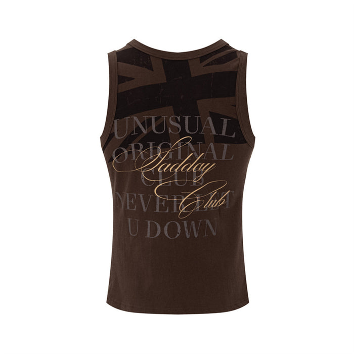 Back view of brown sleeveless tank top with layered gray lettering and gold script graphic