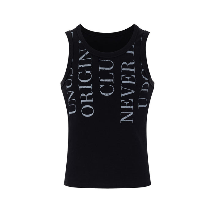 Black sleeveless muscle tank top with gray vertical lettering and a ribbed crew neckline
