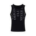 Black sleeveless muscle tank top with gray vertical lettering and a ribbed crew neckline