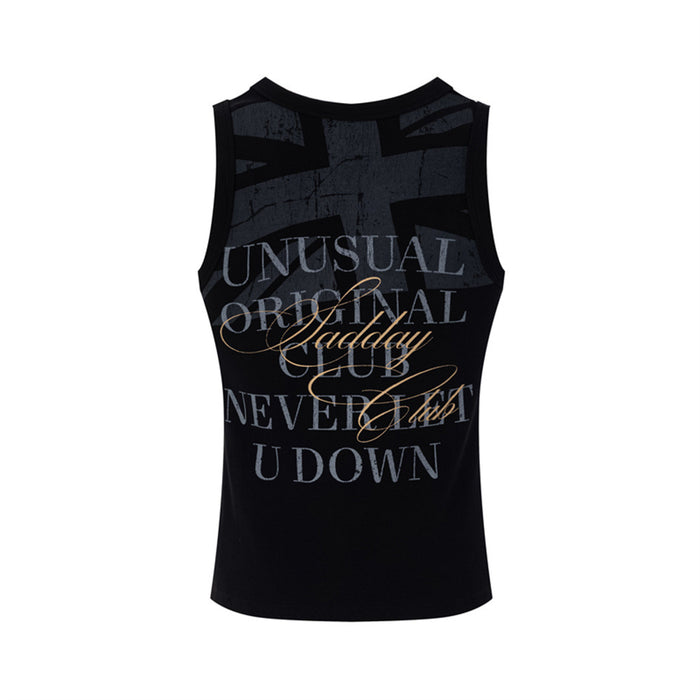 Back view of black tank top featuring layered gray text and a gold script design