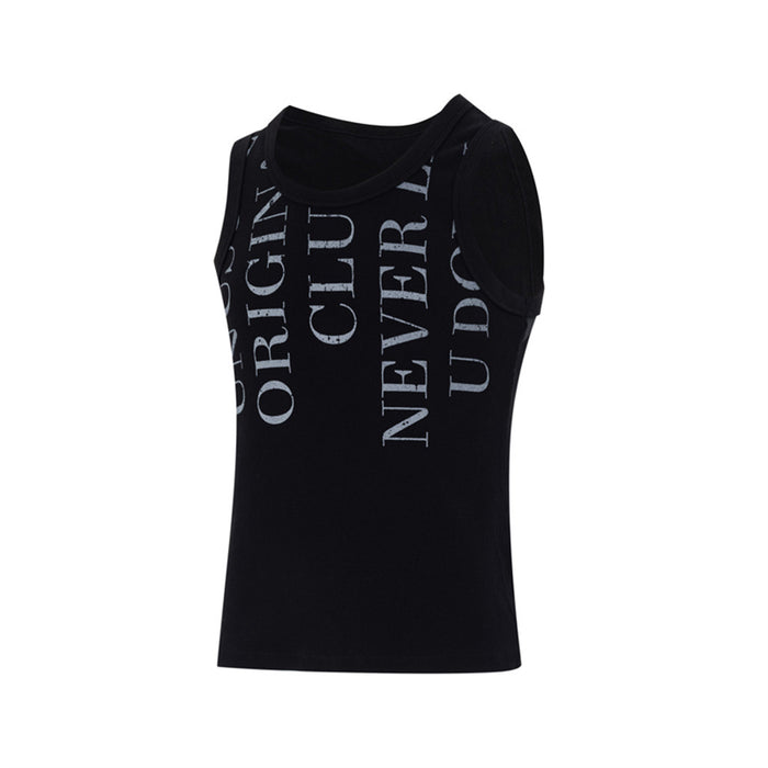 Angled side view of black slim-fit tank top showing the sleeveless cut and vertical letter print