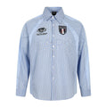 Men's light blue vertical pinstripe long-sleeve button-down shirt with embroidered lettering and shield badge patch, front an