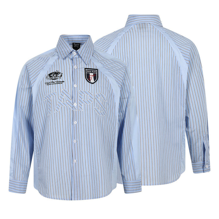Light blue vertically striped long-sleeve button-down shirt shown from front and back with embroidered chest details