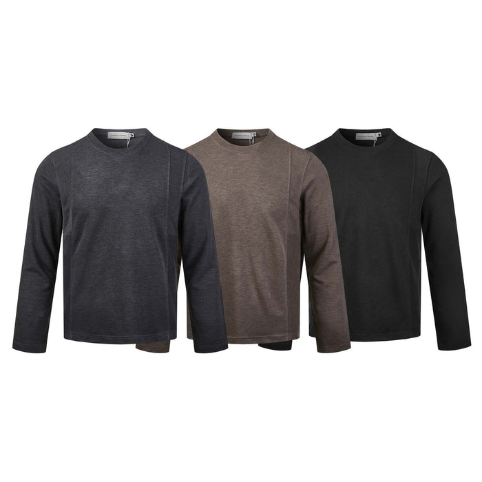 Three long-sleeve crew neck shirts in charcoal gray, brown, and black shown side by side