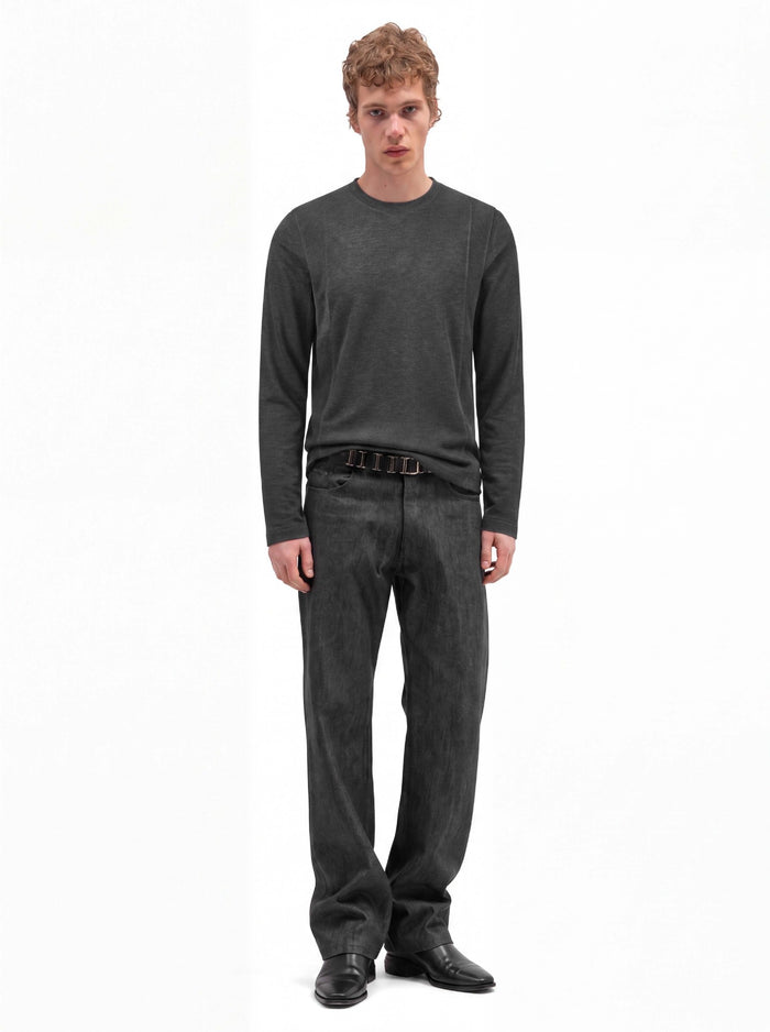 Front view of a man wearing a charcoal gray long-sleeve crew neck shirt
