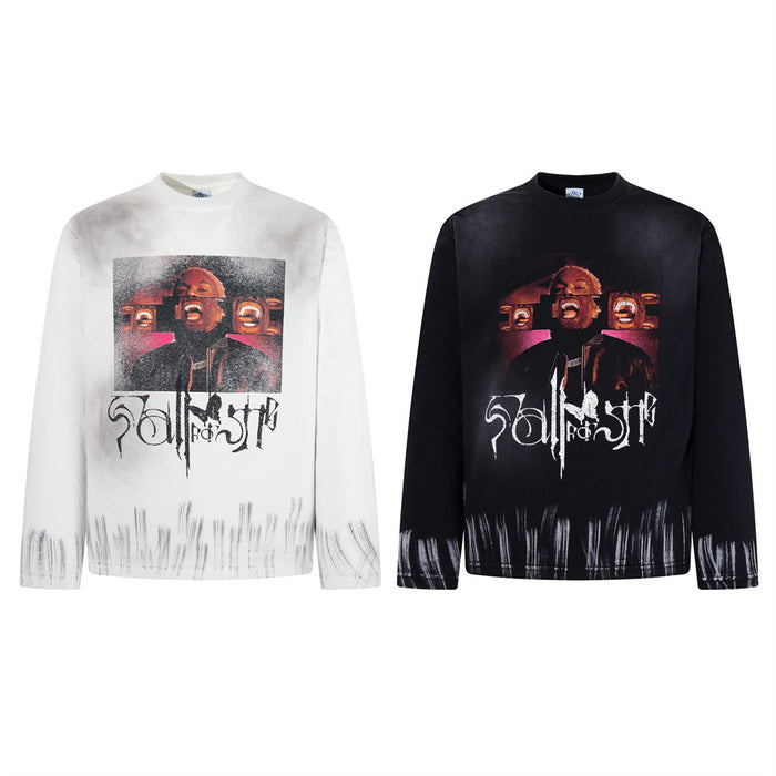 White and black long-sleeve graphic shirts with distressed spray-dye finish, portrait artwork and stylized lettering