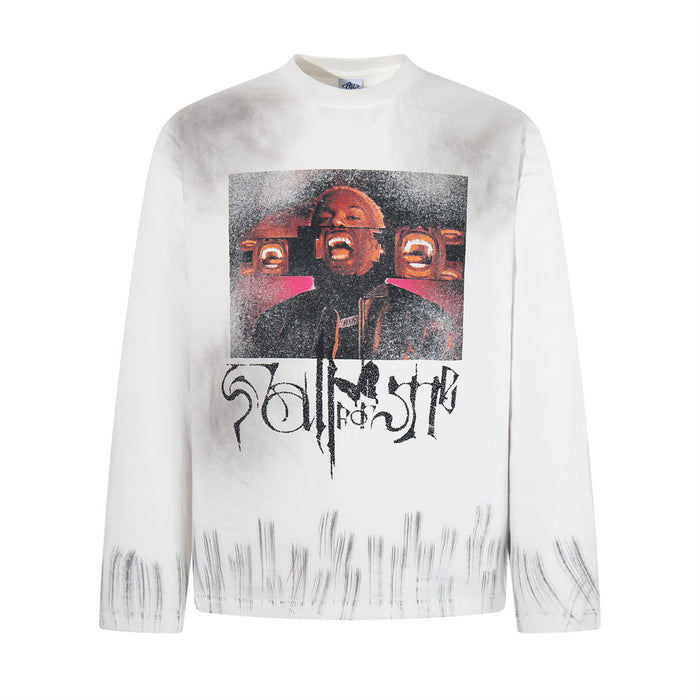 Men's oversized long-sleeve graphic tee with distressed spray-dye wash and hip-hop photo print in off-white