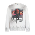 Men's oversized long-sleeve graphic tee with distressed spray-dye wash and hip-hop photo print in off-white