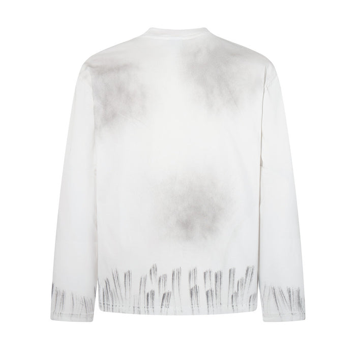 Back view of the white long-sleeve shirt with gray spray-dye shading and distressed streaks along the hem and cuffs