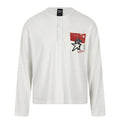 Men's off-white long sleeve Henley shirt with graphic star print chest pocket, front and back view