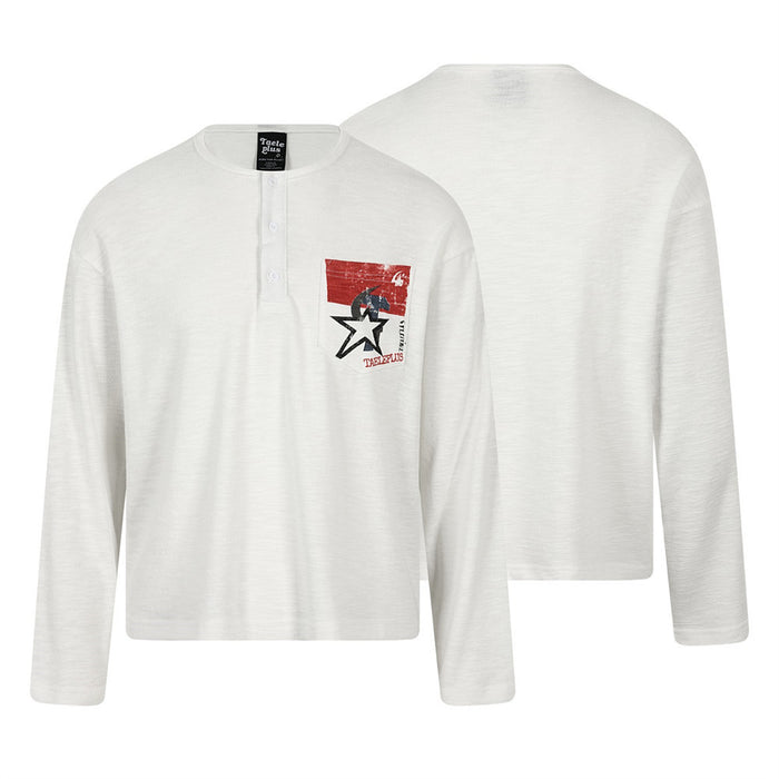 White long-sleeve Henley shirt shown from the front and back, with a red and black star graphic on the chest