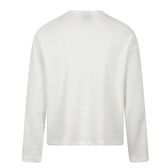 Plain white back view of the long-sleeve Henley shirt with a relaxed straight hem