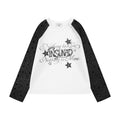 Men's long sleeve raglan graphic t-shirt with star-print contrast sleeves and INSUNAD script print on chest, shown in white/c
