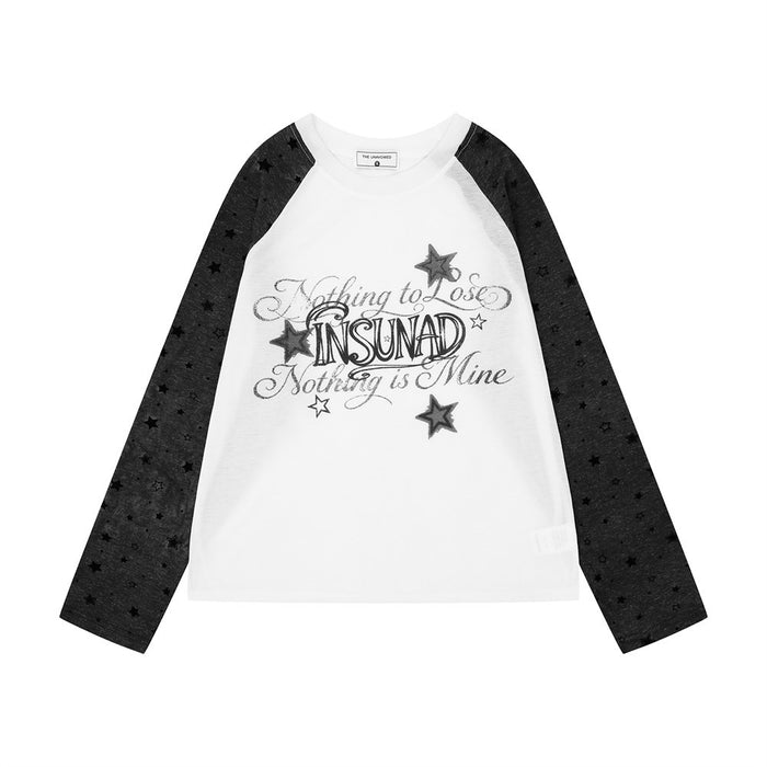 Men's long sleeve raglan graphic t-shirt with star-print contrast sleeves and INSUNAD script print on chest, shown in white/c