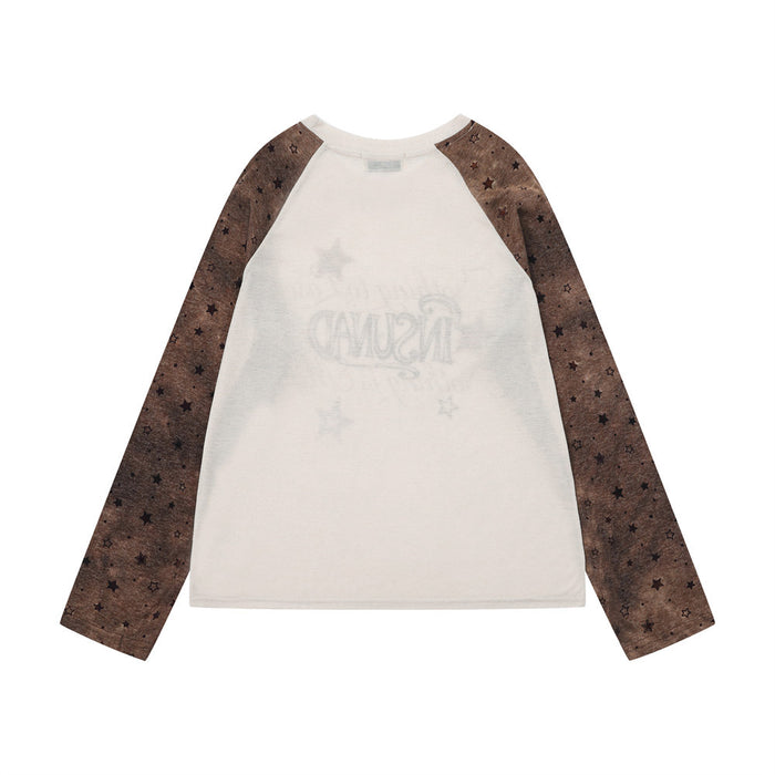 Back view of a cream raglan shirt with brown star-print sleeves and faint reversed lettering