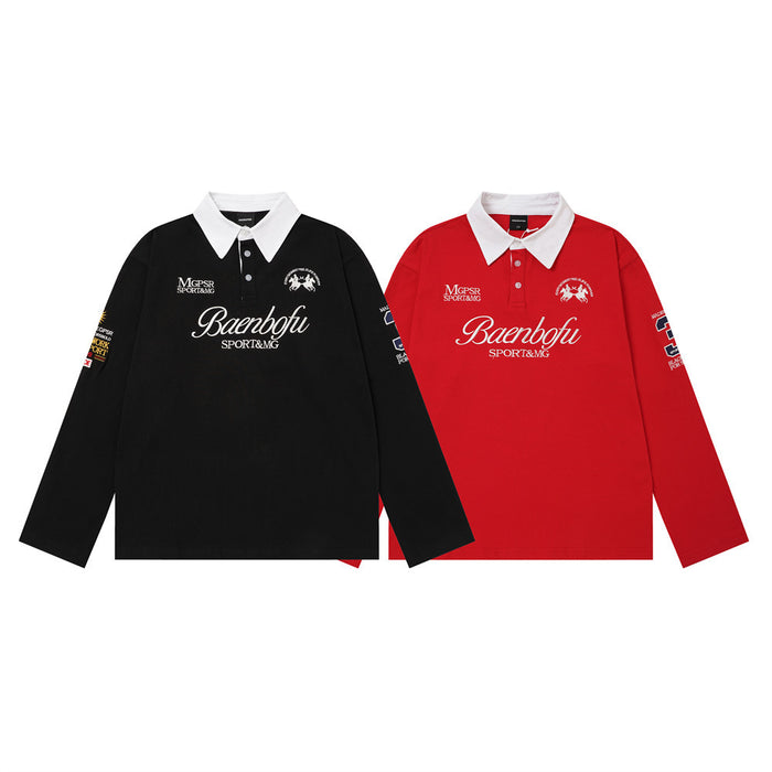 Men's long-sleeve rugby polo shirt with embroidered lettering and contrast white collar in black and red