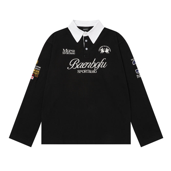 Black long-sleeve rugby polo shirt with white collar, chest lettering, embroidered crest, and sleeve patches front view
