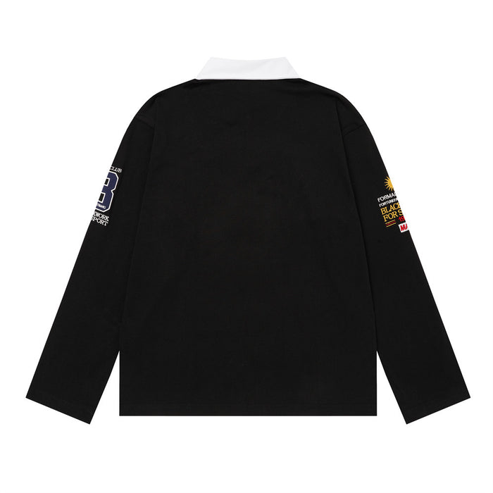 Back view of a black long-sleeve rugby polo shirt with a white collar and embroidered sleeve patches