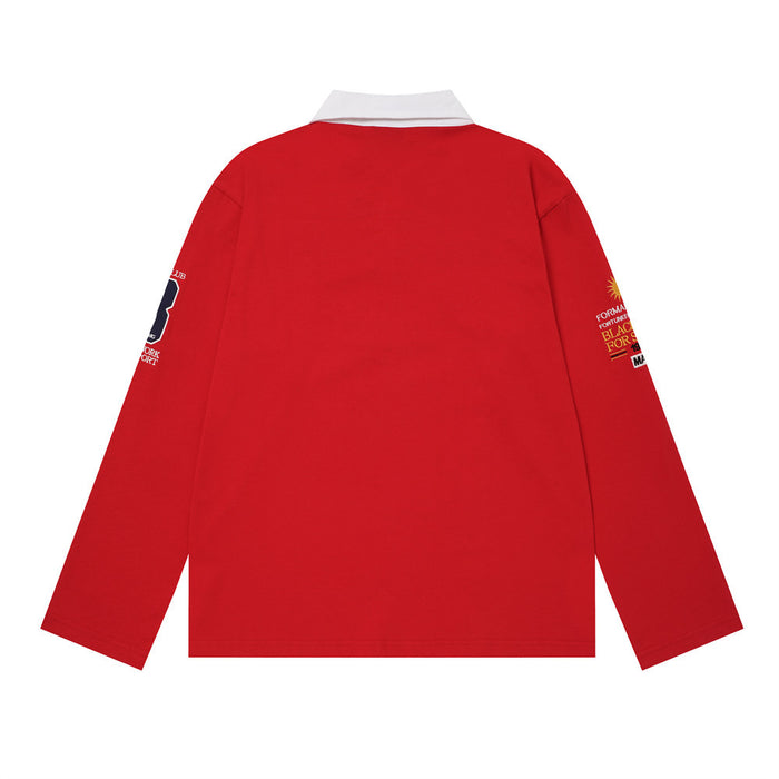 Back view of a red long-sleeve rugby polo shirt with a white collar and embroidered sleeve patches