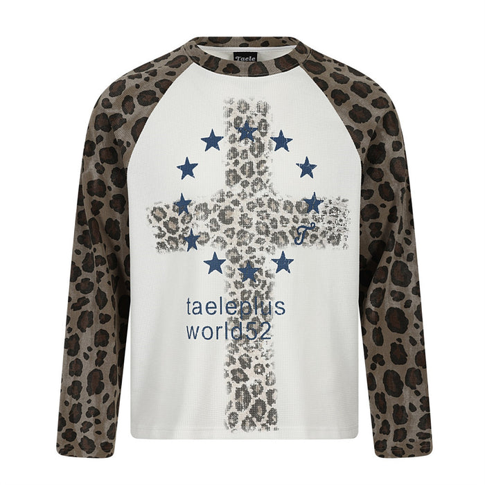 Men's white waffle-knit long sleeve shirt with leopard print raglan sleeves and distressed cross graphic on chest
