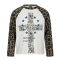 Men's white waffle-knit long sleeve shirt with leopard print raglan sleeves and distressed cross graphic on chest