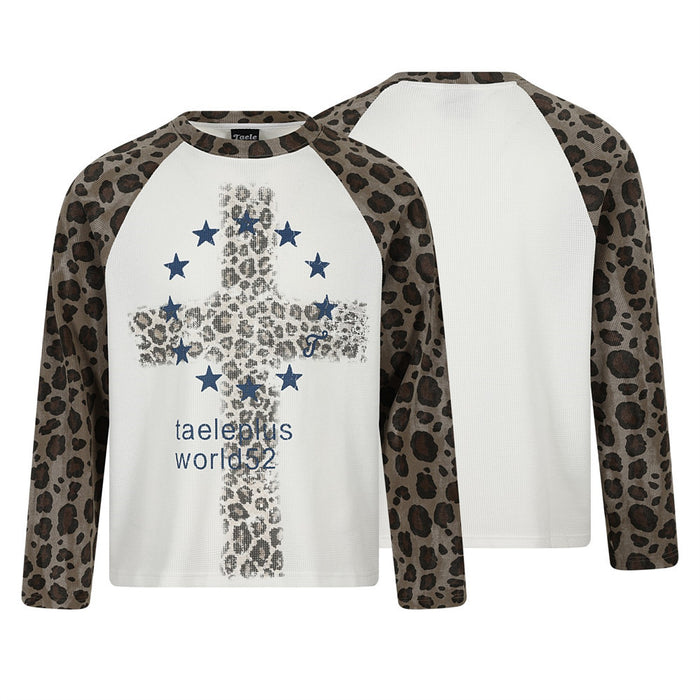 White waffle shirt with leopard-print raglan sleeves, cross graphic and blue stars shown front and back