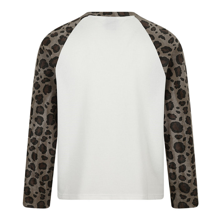 Back view of a white waffle shirt with full-length brown and black leopard-print raglan sleeves