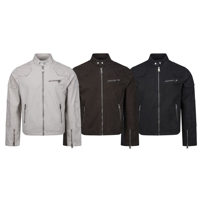 Three men's moto jackets in light gray, dark brown, and black with stand collars, shoulder patches, and silver zippers