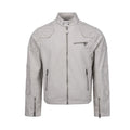 Men's washed cotton moto biker jacket with quilted shoulder panels and silver zip hardware in light grey