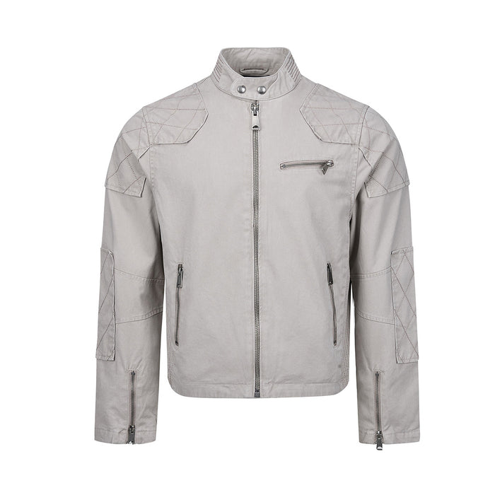 Men's washed cotton moto biker jacket with quilted shoulder panels and silver zip hardware in light grey