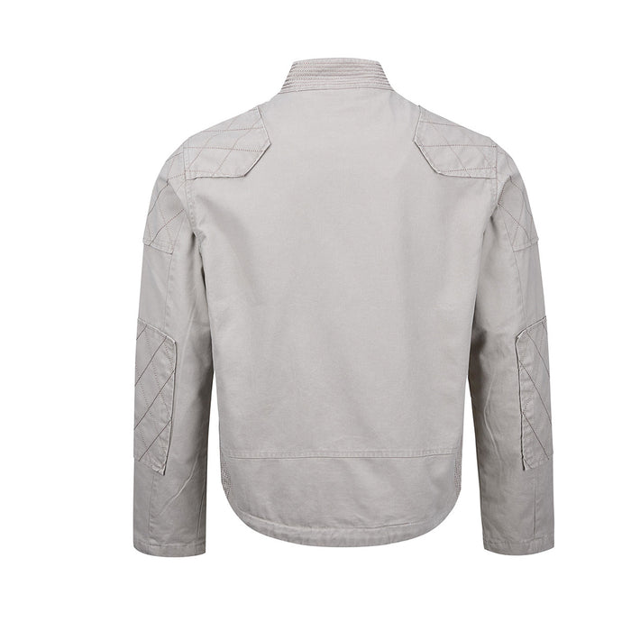 Light gray moto jacket back view showing quilted shoulder patches, long sleeves, and curved hem