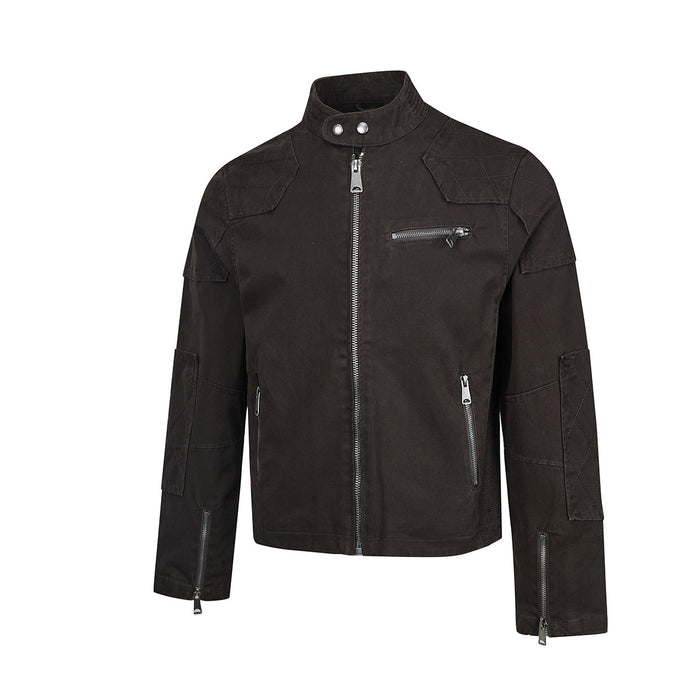 Dark brown moto jacket angled front view with chest and side zip pockets, shoulder patches, and sleeve zippers