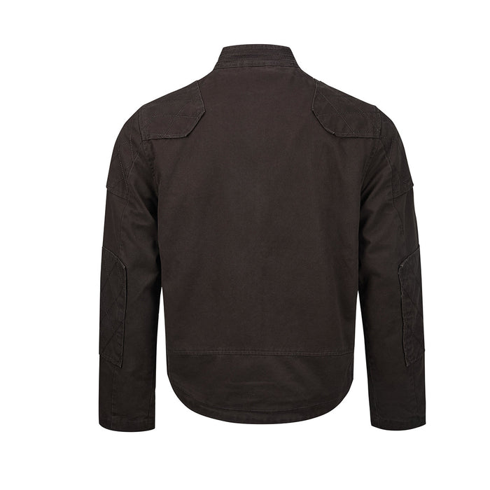 Dark brown moto jacket back view showing a plain panel, shoulder patches, long sleeves, and curved hem