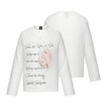 White long-sleeve shirt showing the script portrait graphic on the front and plain back