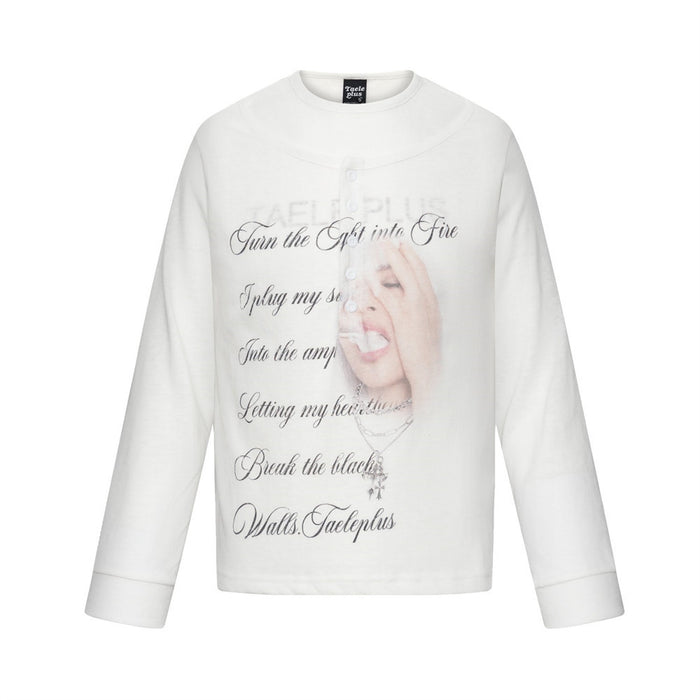 Men's white oversized long sleeve tee with hip-hop portrait and cursive script graphic print on the front