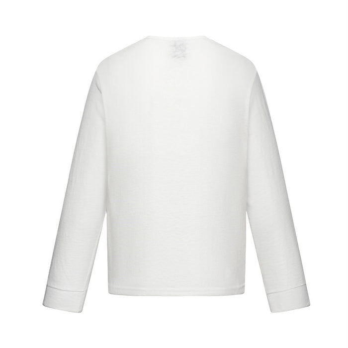 Plain white back view of the long-sleeve shirt with ribbed cuffs and a straight hem